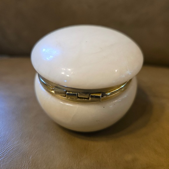 American Vintage Other - VTG Alabaster Trinket Box 2" Round Gold Hinge Vanity Decor Collectible Keepsake